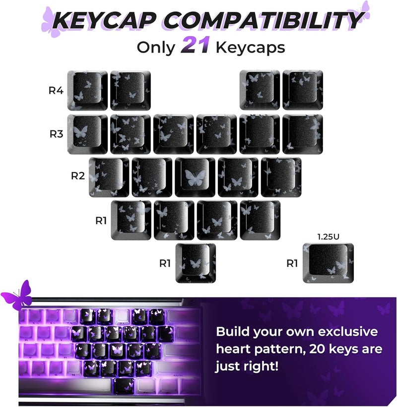HITIME XVX Black Butterfly Shine Through Keycaps, Love Theme Cute Custom Keycaps, Blank OEM Profile IMD Translucent Keycap, Anime Style, for MX Switches Mechanical Keyboard, Silver（Only 21 Keys - Image 3